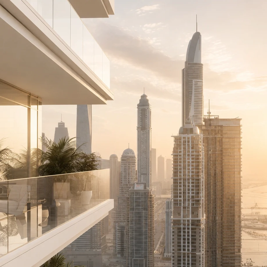 Luxury Dubai balcony overlooking the city skyline at sunrise