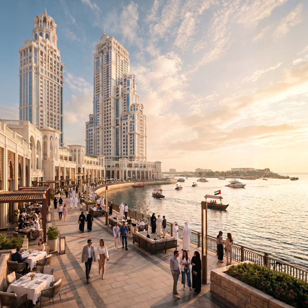 Prosperous UAE waterfront development at golden hour