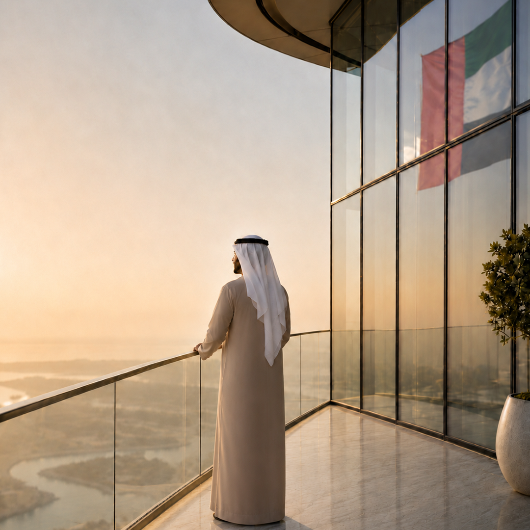 Emirati investor overlooking Dubai beside the UAE flag