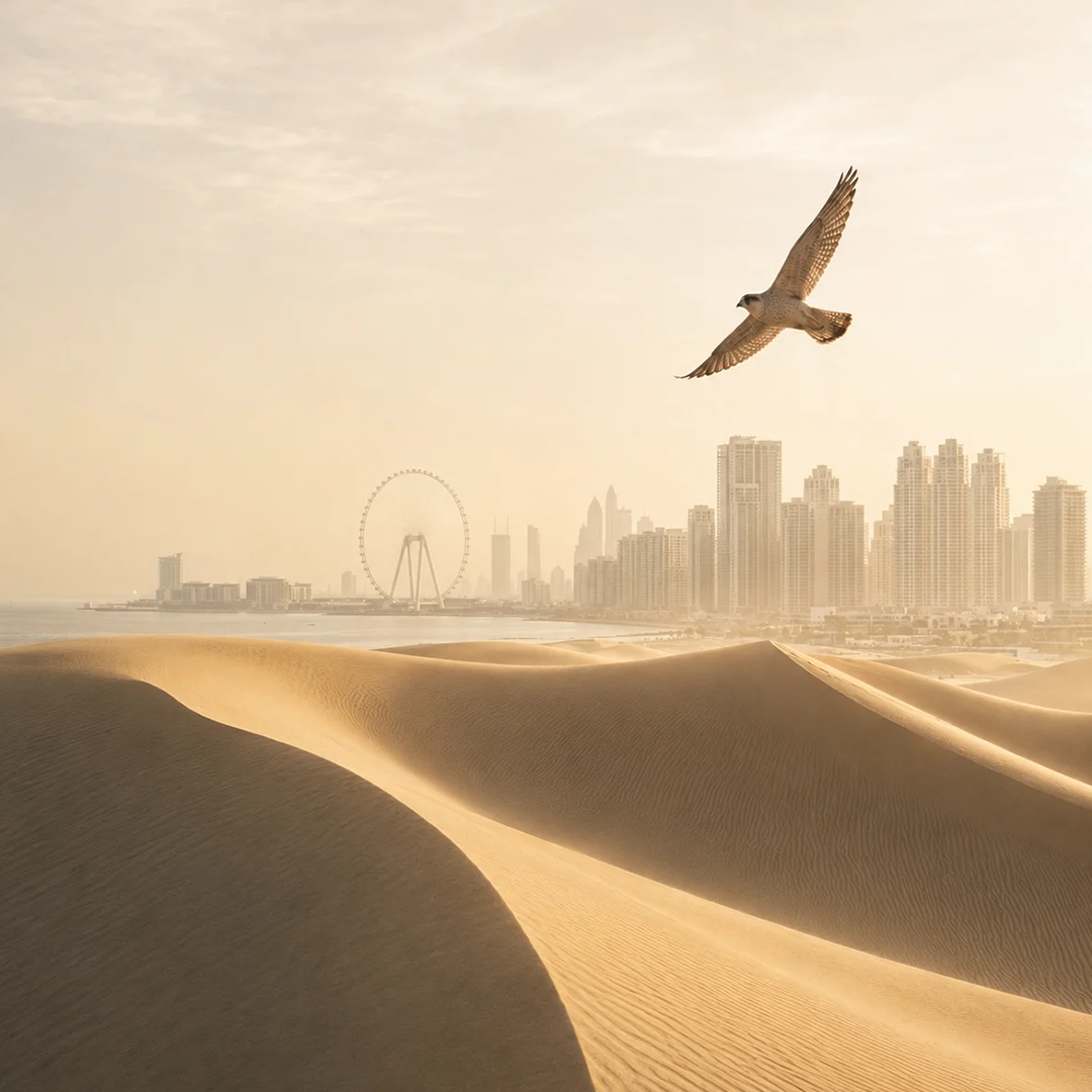 Golden UAE desert dunes and distant Dubai skyline with a falcon