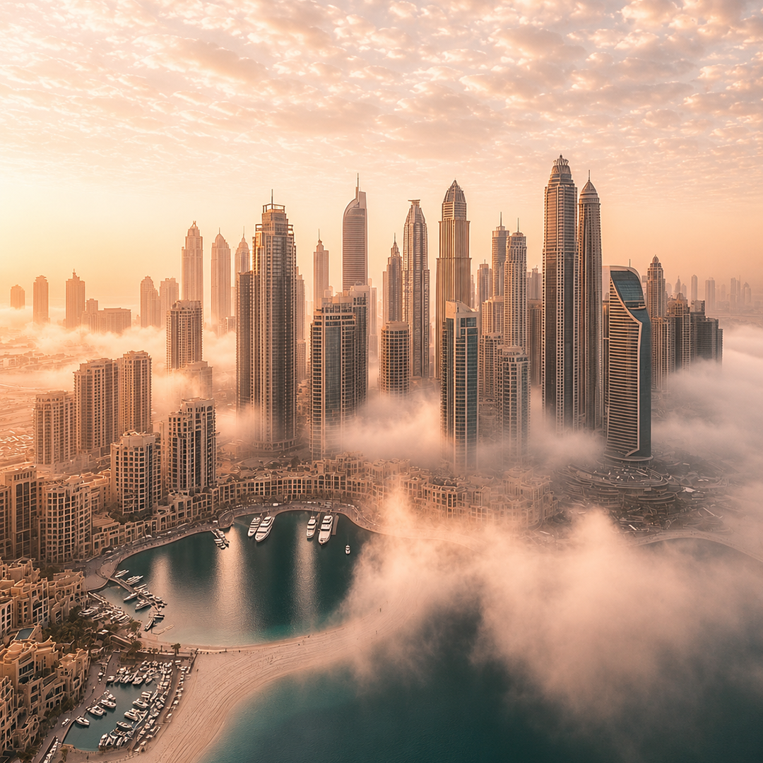 Dubai Marina towers rising through sunrise mist