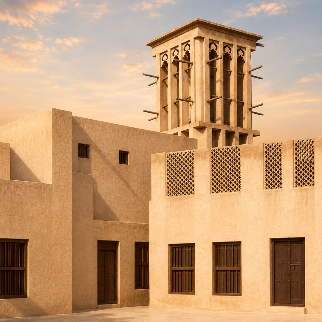 Traditional Emirati heritage building with a wind tower